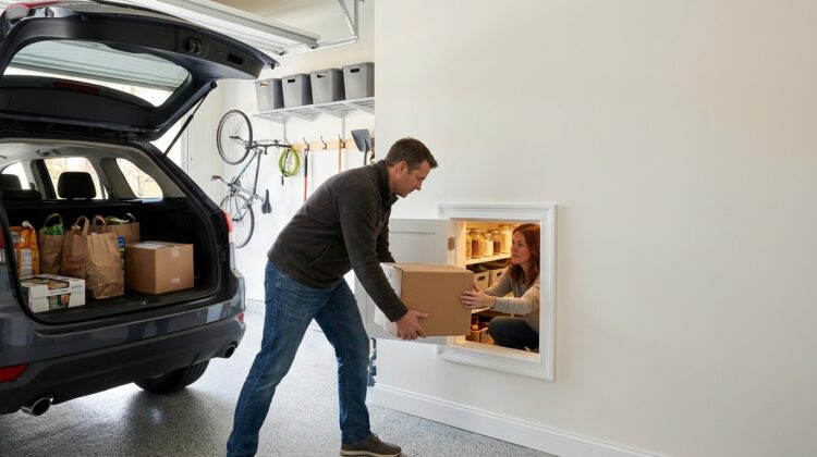 Costco door trend 2026 with a garage-to-pantry grocery pass-through
