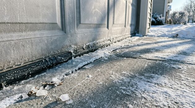 Garage door frozen to the concrete floor during cold winter weather