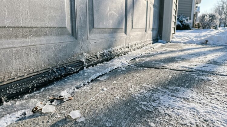 Garage door frozen to the concrete floor during cold winter weather