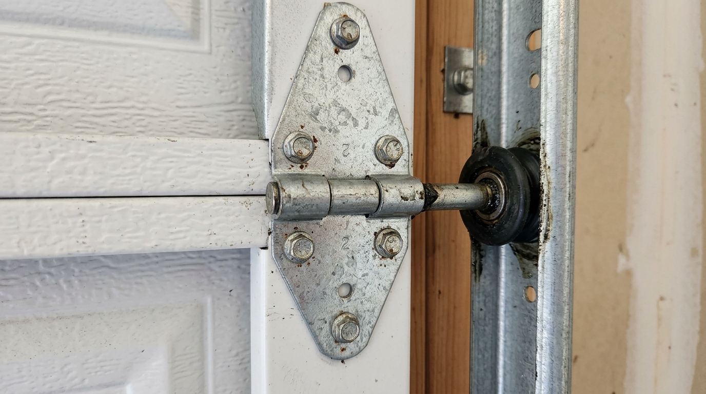 Garage door roller and hinge inspection for rattling and vibration problems