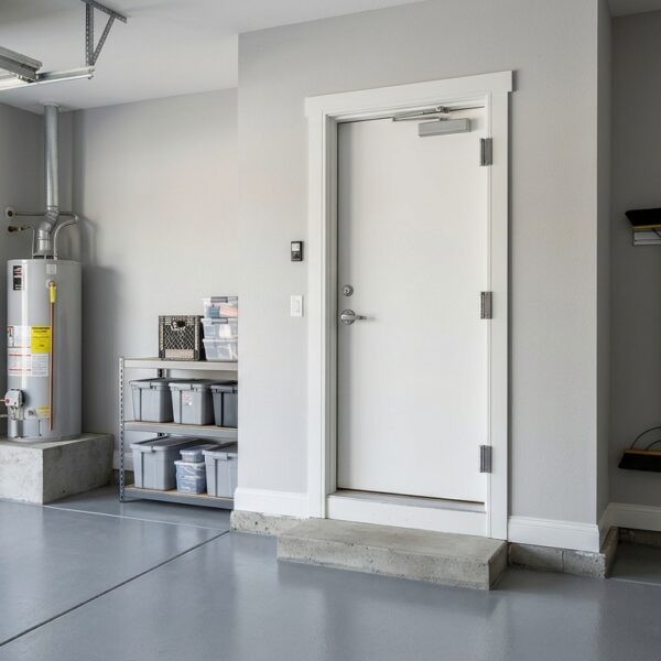 Garage-to-house fire door with protective closing hardware in an attached residential garage