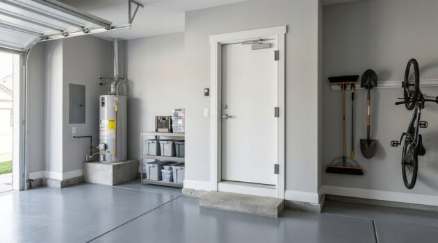 Garage-to-house fire door with protective closing hardware in an attached residential garage