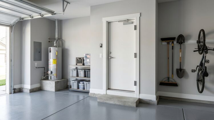 Garage-to-house fire door with protective closing hardware in an attached residential garage