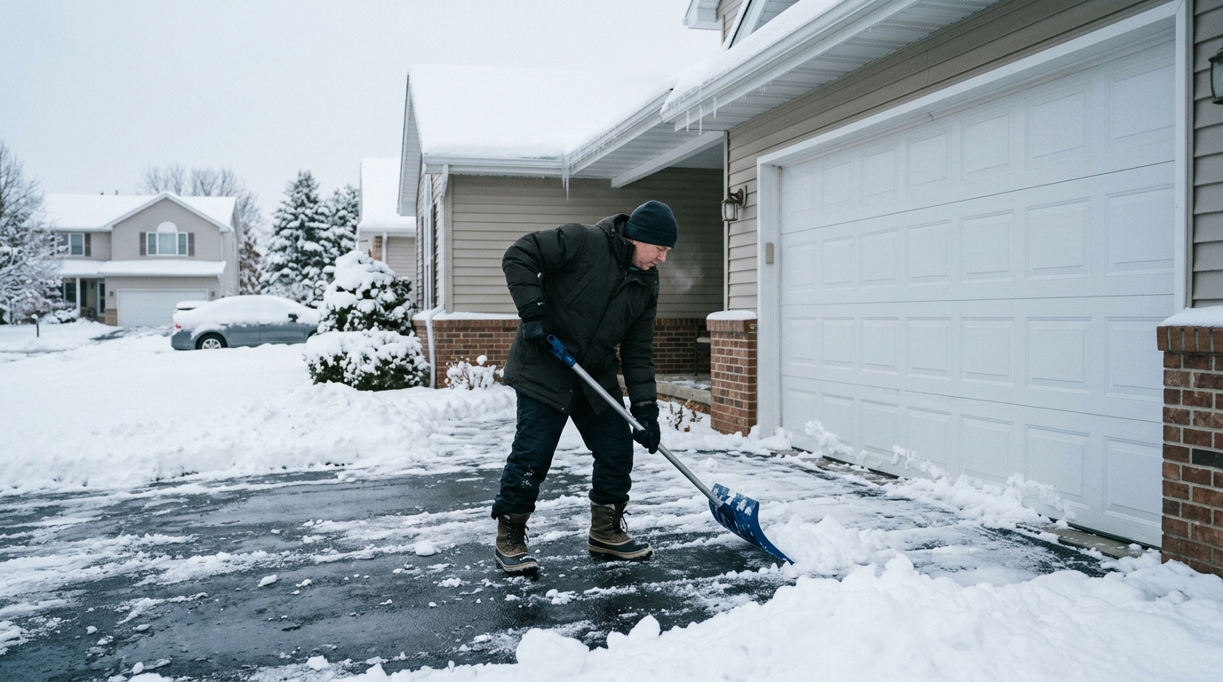 Homeowner clearing snow near a garage door to reduce winter freezing problems