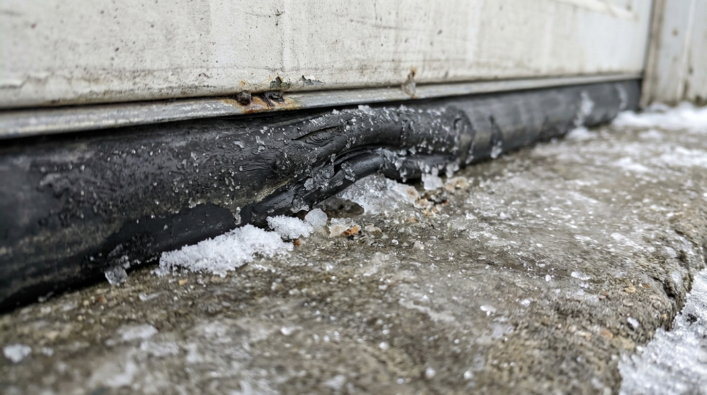 Ice forming around a garage door bottom seal and concrete threshold
