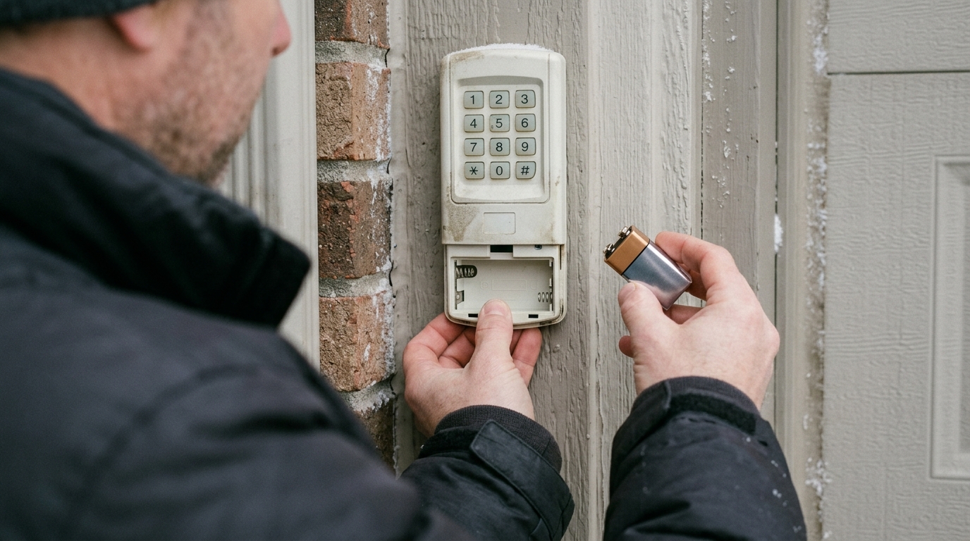Replacing a wireless garage door keypad battery to resolve winter operating problems