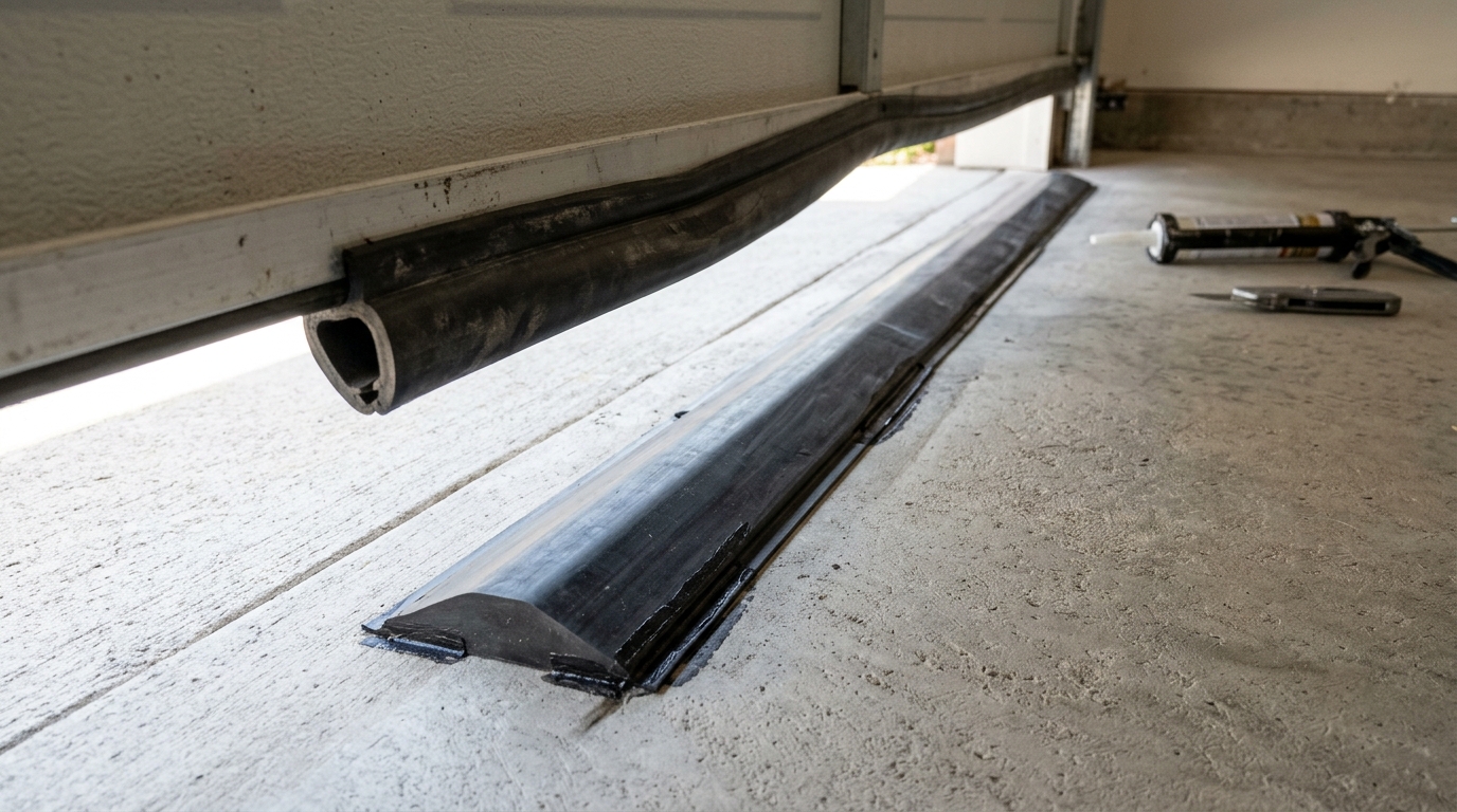 Rubber bottom weatherstripping and garage floor threshold seal options for uneven concrete
