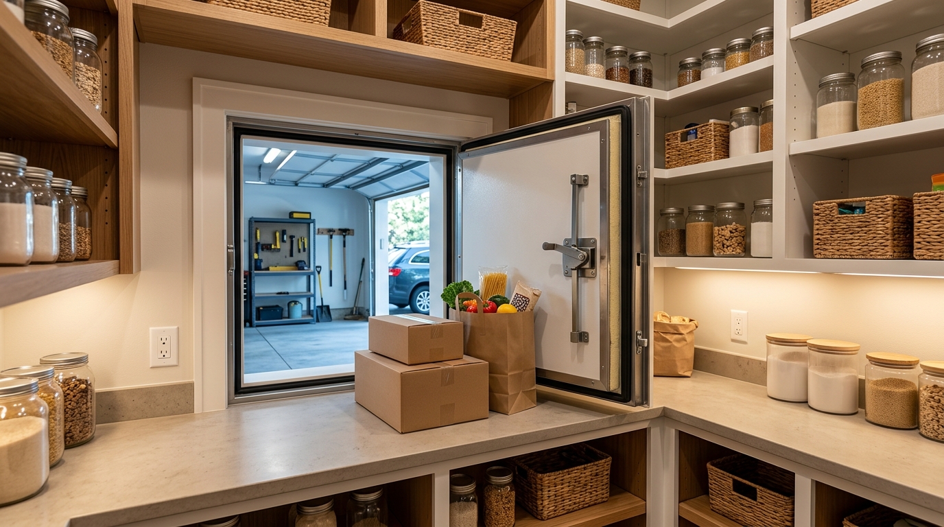 Secure garage-to-pantry pass-through designed for grocery unloading
