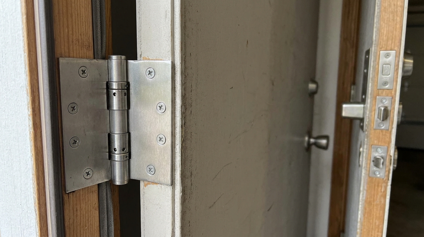 Self-closing hinge and latch hardware on a garage-to-house entry door