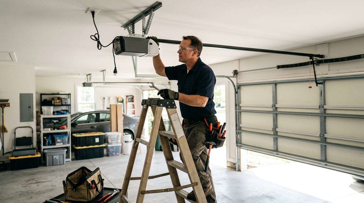 Technician evaluating garage door opener mounting and excessive vibration
