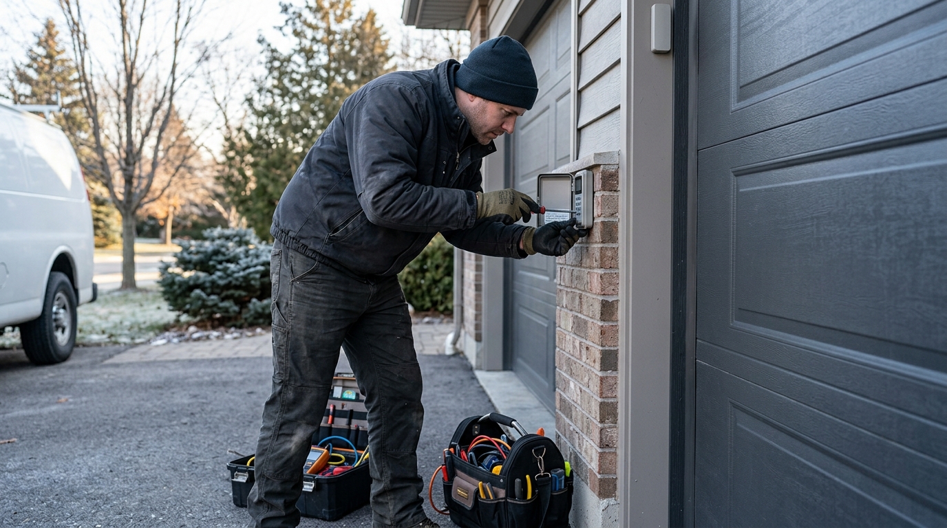 Technician inspecting a weather-exposed garage door keypad for moisture and programming faults