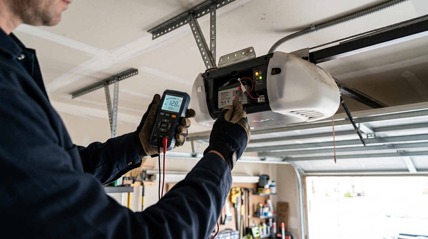 Technician testing garage door opener battery backup safety in 2026